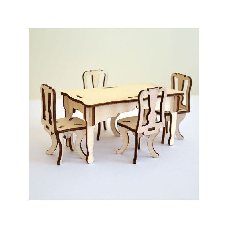 Salle à manger miniature 3D en bois : 1 table et 4 chaises à monter