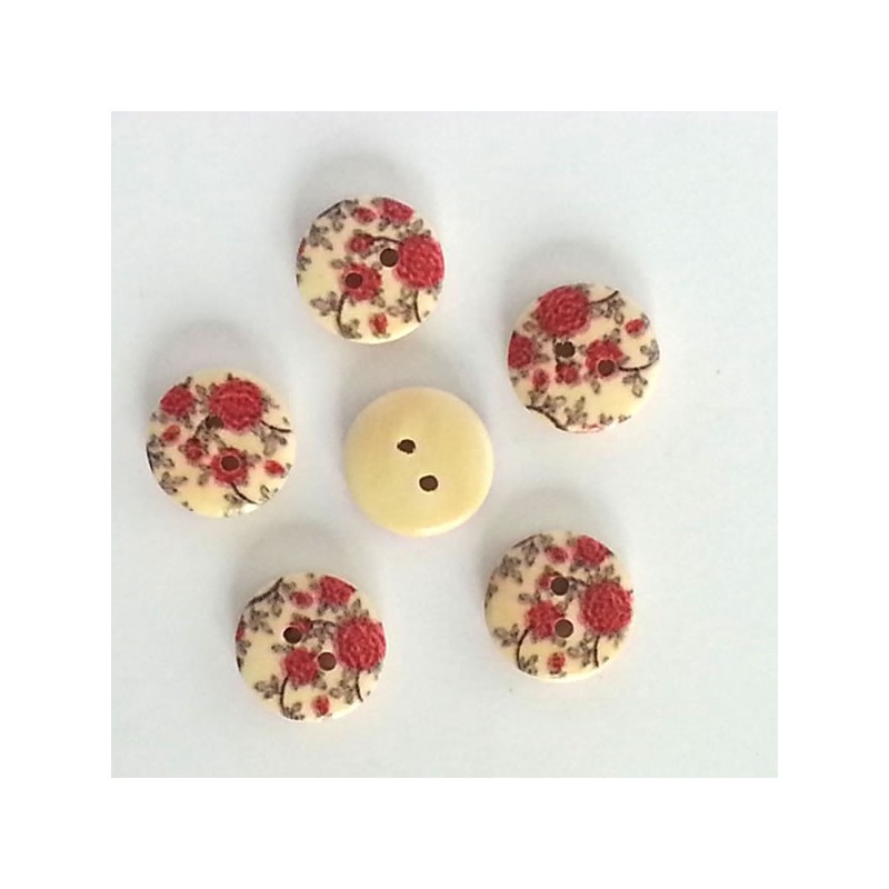 5 Boutons bois fleurs rouge