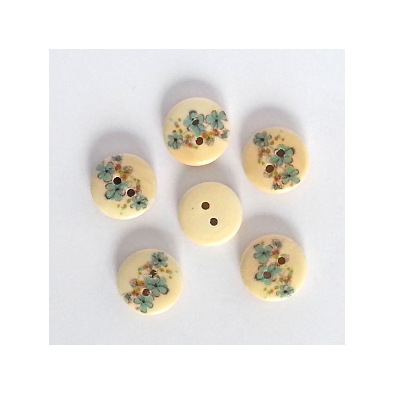 5 Boutons bois fleurs bleu ciel