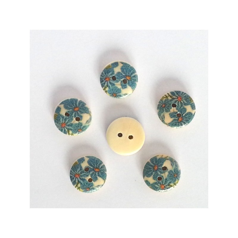 5 Boutons bois fleurs bleu turquoise