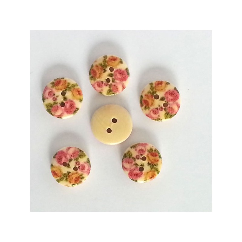 5 Boutons bois fleurs roses orange et rouge