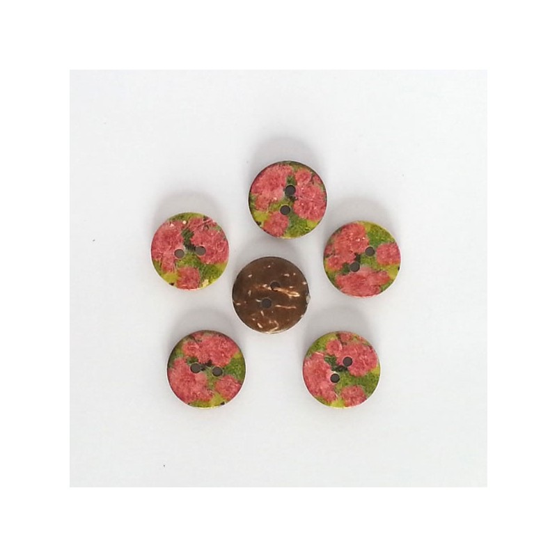 5 Boutons coco fleurs roses et vert