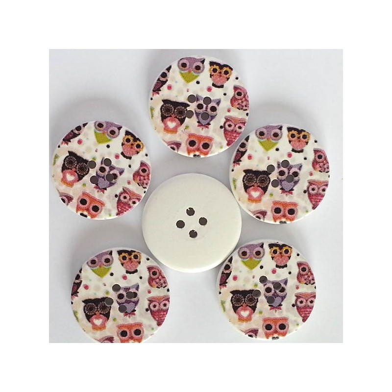 4 Boutons bois décor chouettes  3 cm - 4 trous