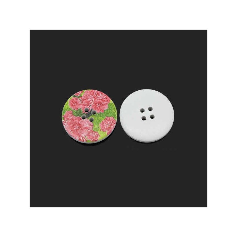 Bouton bois décor de pivoines, 3 cm, 2 trous