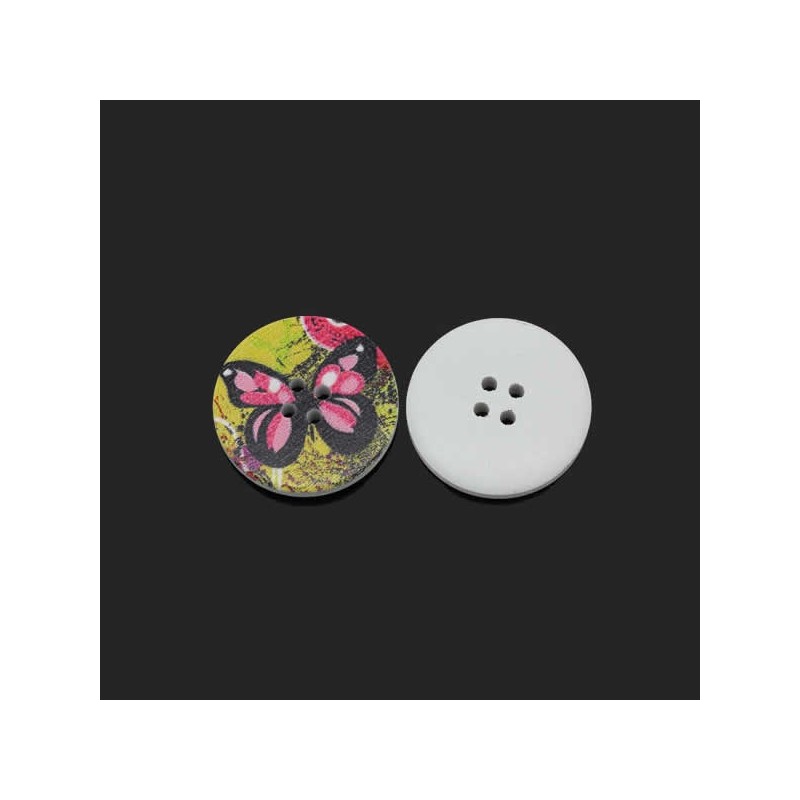 Bouton bois décor de papillon, 3 cm, 2 trous