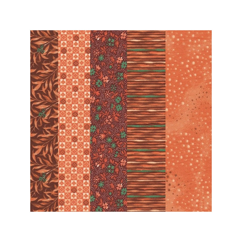 5 Coupons patchwork coordonnés orange/marron/vert coton 29,5 x 70 cm