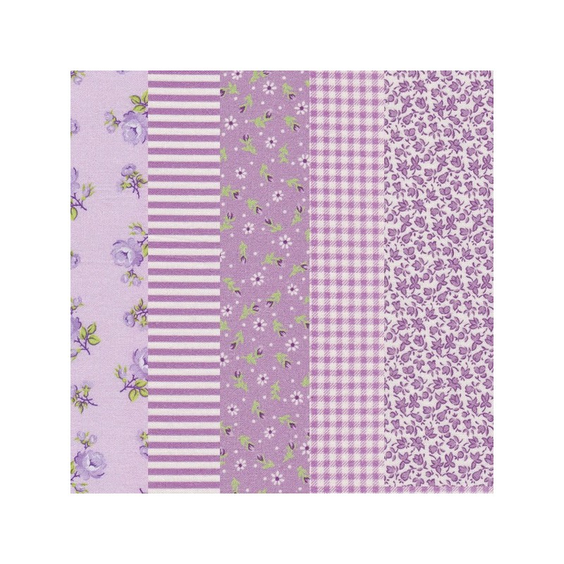 5 Coupons patchwork coordonnés mauve/blanc/vert coton 29,5 x 70 cm