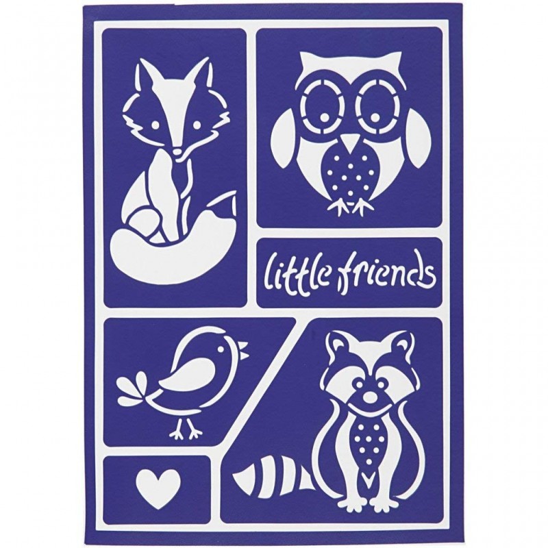 Pochoir Petits amis de la forêt adhésif et réutilisable renard, hibou, oiseau raton laveur, coeur et mots little Friends