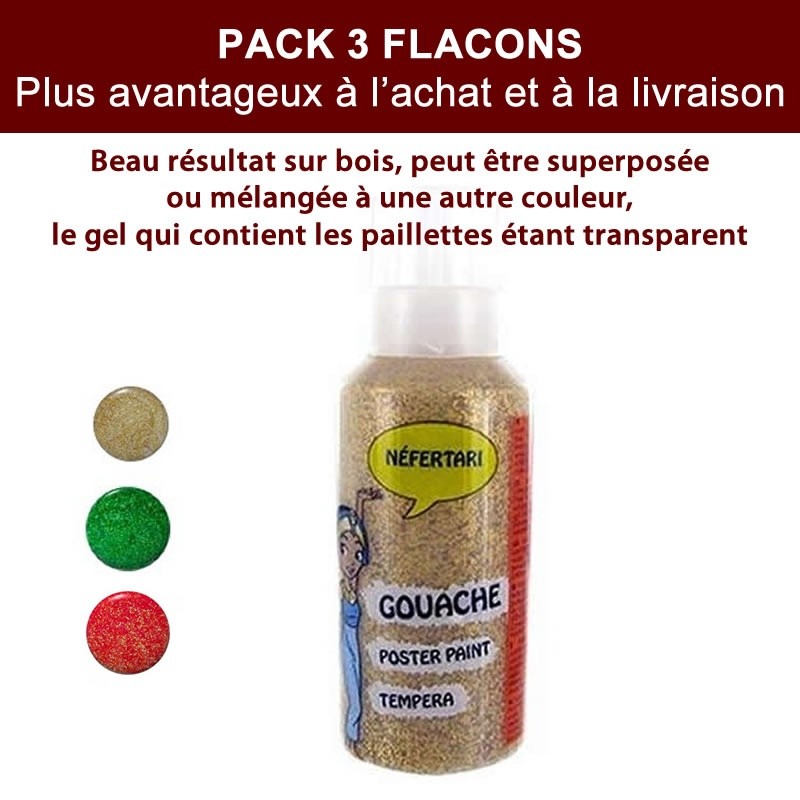 3 flacons Peinture pailletée 60 ml cléopatre rouge vert et doré