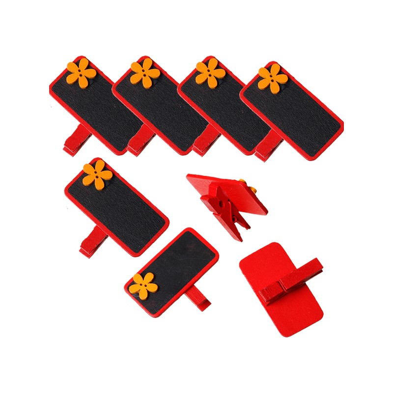 6 marque place ou porte-photo, décor rouge fleur orange et ardoise noire, avec pince à linge en bois