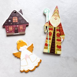 Saint Nicolas, maison de Noël et ange décorés en bois, applique d'embellissement et pendentifs