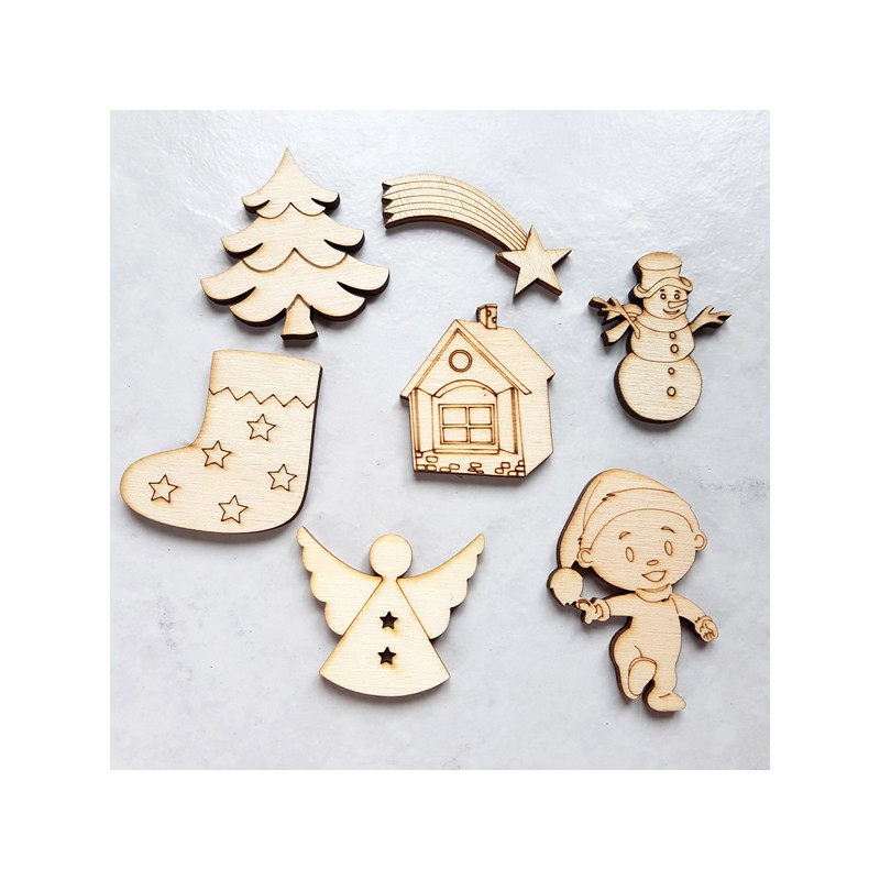 8 décors de Noël bois lutin, étoile filante, bonhomme de neige, sapin, ange, maison, botte, maison de Noël